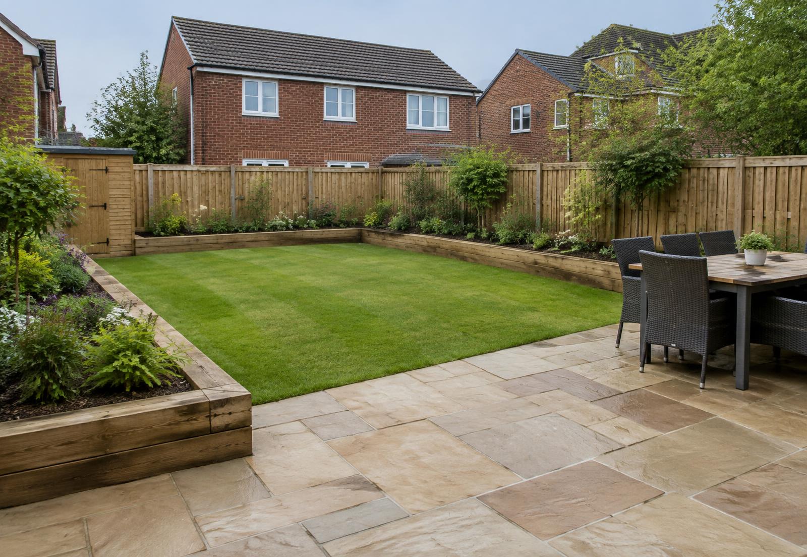 Landscaped garden with patio and lawn